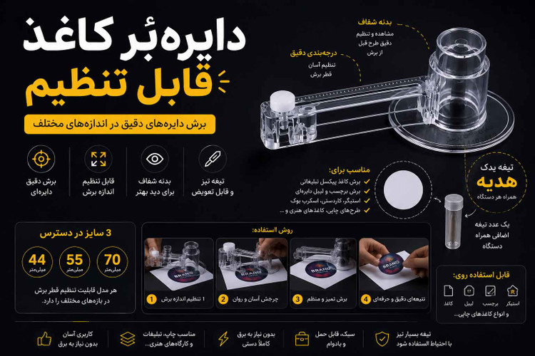 دایرهبُر کاغذ پیکسل و برچسب قابل تنظیم | کاتر دایرهای 44، 55 و 70 میلیمتر + تیغه یدک هدیه