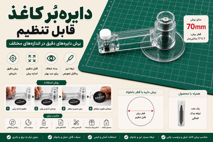 دایرهبُر کاغذ پیکسل و برچسب قابل تنظیم | کاتر دایرهای 44، 55 و 70 میلیمتر + تیغه یدک هدیه