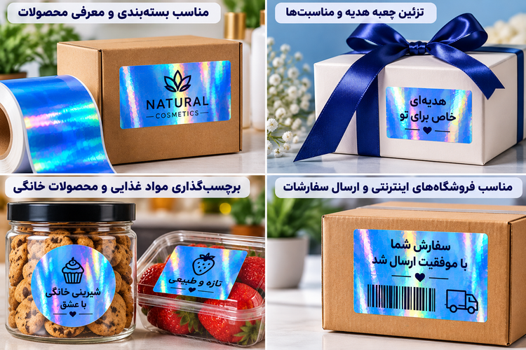 برچسب حرارتی PVC هولوگرامی آبی یکسره چسب | عرض ۵۷ میلیمتر، طول ۳٫۵ متر