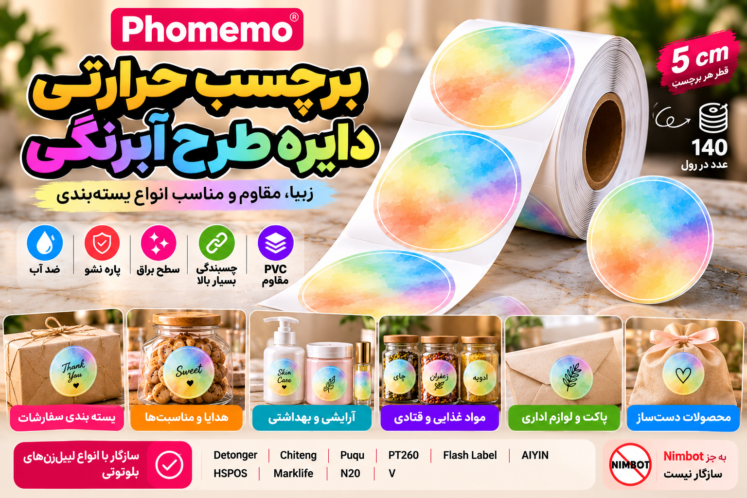برچسب حرارتی دایرهای ۵ سانتیمتری Phomemo طرح پاستیلی | PVC براق پارهنشدنی، ۱۴۰ عددی